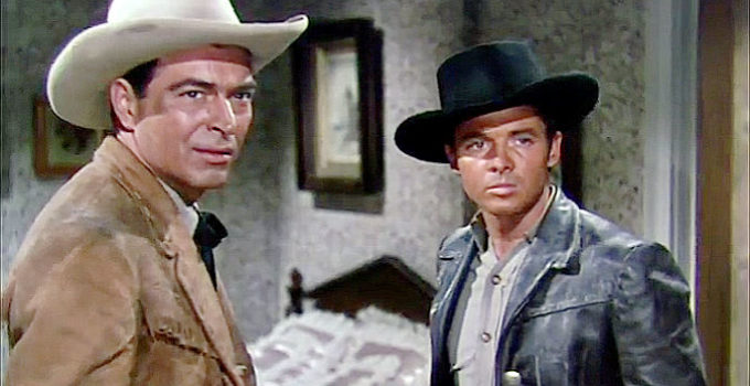 Stephen McNally as Marshal Lightning Tyrone and Audie Murphy as Luke 'The Silver Kid' Cromwell in The Duel at Silver Creek (1952)