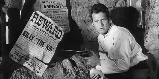 Paul Newman as William Bonney, cornered when Pat Garrett finds his hideout in The Left Handed Gun (1958)