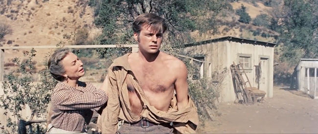 Robert Wagner as Jesse James, after being whipped by northern sympathizers, with Agnes Moorehead as his mother in The True Story of Jesse James (1957)