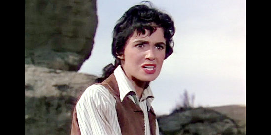 Susan Cabot as Jane 'Dusty' Fargo, surprised when she reaches the claim jumpers' hideout in The Duel at Silver Creek (1952)