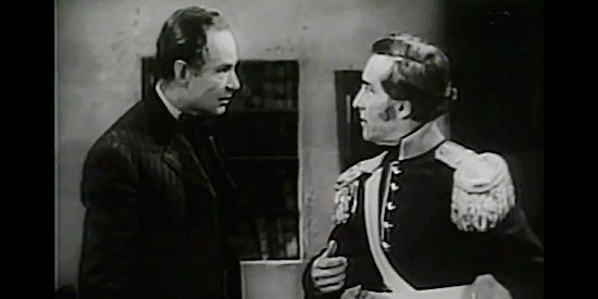 Earle Hodgins as Stephen Austin confronts Santa Anna with Texans' concerns in The Heroes of the Alamo (1937)