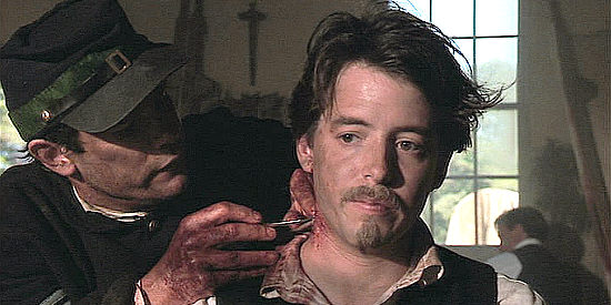 Matthew Broderick as Col. Robert Gould Shaw, getting a minor wound tended after witnessing the horrors of war in Glory (1989)