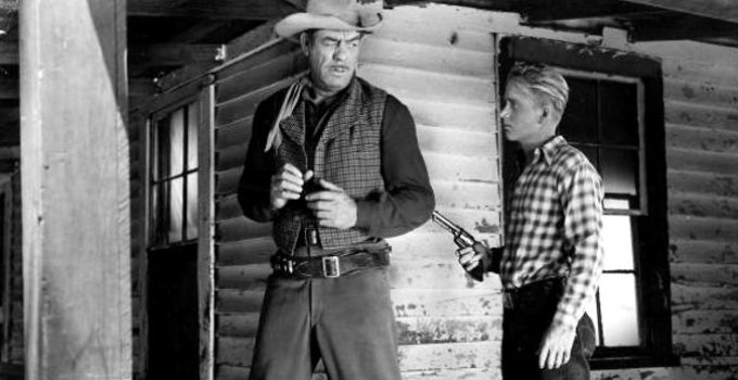 Glenn Strange as Tom Roper and Chuck Courtney as Bill Walton in Born to the Saddle (1953)