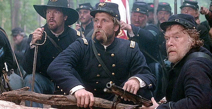 Jeff Daniels (center) as Col. Joshua Lawrence Chamberlain and Kevin Conway (right) as Sgt. Kilrain in Gettysburg (1993)
