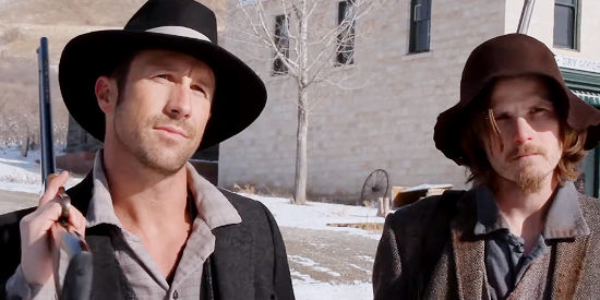 Matt Davis as Caleb Blackhurst and Bryce Bishop as Zeke, looking for an escaped Confederate prisoner in Civil Love (2012)