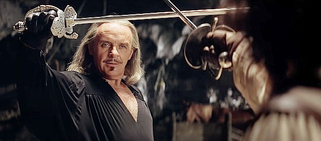 Anthony Hopkins as Don Diego De La Vega, beginning the new Zorro's lessons in swordsmanship in The Mask of Zorro (1998)