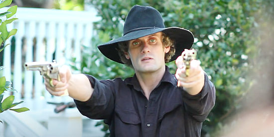 Christopher Bowman as William Bonney, about to dispense two-fisted justice in Billy the Kid, Showdown in Lincoln County (2017)
