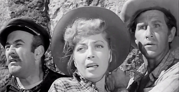 Capt. Bess (Lee J. Cobbs), Laura Thompson (Marie Windsor) and Ben Trask (Lloyd Bridges) react to a fellow travelers scream in The Tall Texan (1953)