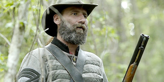 Paul Clayton as Confederate Sgt. Augustus, talking about the Union advance in Band of Rebels (2022)