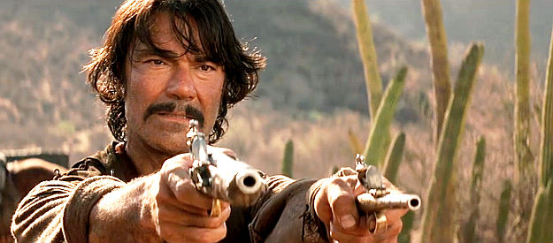 Victor Rivers as Joaquin Murrieta, hoping two pistols are enough to get him out of this jam in The Mask of Zorro (1998)