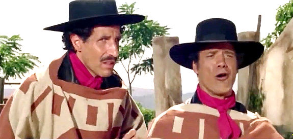 Ciccio Ingrassia as Gringo and Franco Franchi as Django coming face to face with Indio for the first time in Two Sons of Ringo (1966)