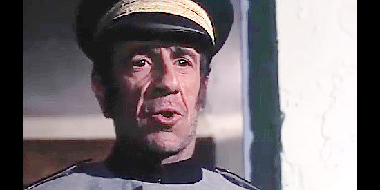 Luis Oar as Capt. Juarez, the officer serving under Col. Jimenez in Fabulous Trinity (1972)