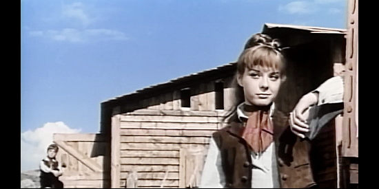 Mili (Emilia Bayona) as Sally, her thoughts more on a railroad engineer than the ranch in Two Guns for Two Twins (1966)