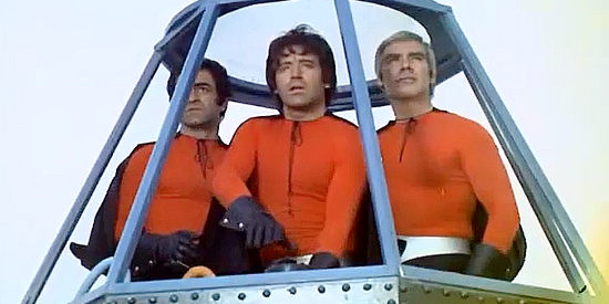 Sal Borgese as Sal, George Martin as George and Frank Brana as Brad in the time machine in Three Supermen of the West (1973)