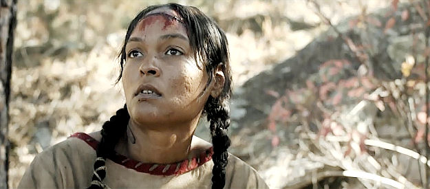 Tanajsia Slaughter as Dowanhowee, wounded, nearly scalped and wondering what the future holds in Black Wood (2022)