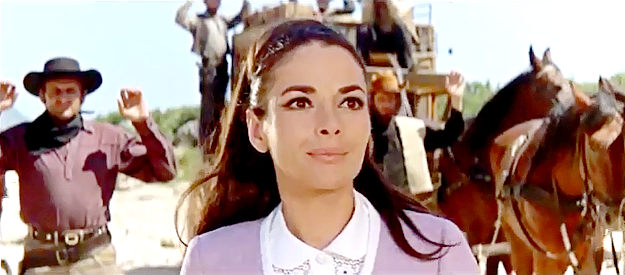 Karin Dor as Mabel Kingsley, spotting Old Shatterhand coming to her rescue in Winnetou and Shatterhand in the Valley of Death (1968)