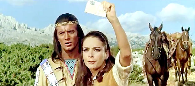 Karin Dor as Mabel Kingsley, willing to trade a key piece of evidence for an officer's life in Winnetou and Shatterhand in the Valley of Death (1968)