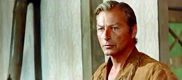 Lex Barker as Old Shatterhand, trying to keep Mabel Kingsley out of harm's way in Winnetou and Shatterhand in the Valley of Death (1968)