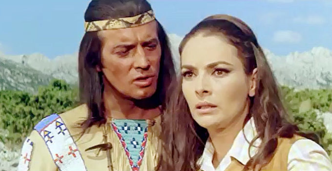 Pierre Brice as Winnetou comforting Karin Dor as Mabel Kingsley in Winnetou and Shatterhand in the Valley of Death (1968)