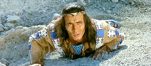 Pierre Brice as Winnetou, determined to help Old Firehand and the Mexican villagers in Thunder at the Border (1966)