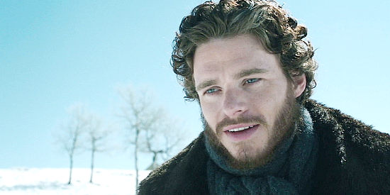 Richard Madden as Bill Haskell, bidding farewell to the buddy with whom he traveled to the Yukon in Klondike (2014)