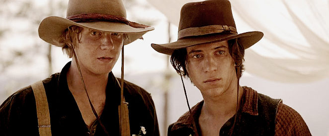 Adam Hicks as Truett Fincham and Dillon Lane as Yancey Burns, about to embark on a dangerous scouting mission in Texas Rising (2015)
