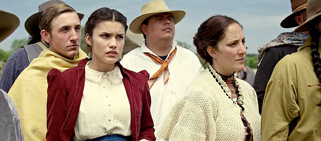 Rebeckah Boykin as Adelaide Campbell (red jacket), shielding her Rebel husband Michael (Caleb Martin) from Yankees in Montford, The Chickasaw Rancher (2021)