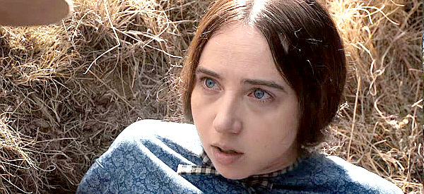 Zoe Kazan as Alice Longabaugh, listening to a warning from wagon train guide Mr. Arthur in The Ballad of Buster Scruggs (2018)