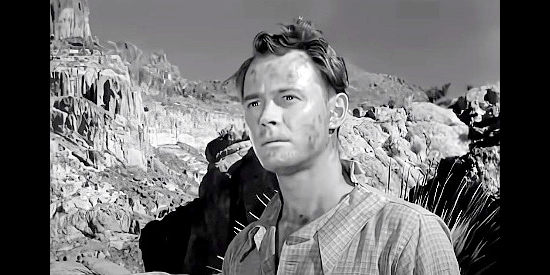 William Prince as Barry Storm, determined to relocate the rich mine found by his grandfather decades earlier in Lust for Gold (1949)