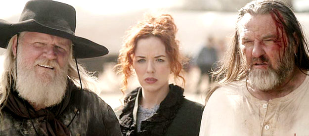 George Nelson as Dutch Langford, Heather Renee Wake as Rosemary O'Rourke and Russell Clay as The Waco Kid in Bite the Dust (2023)