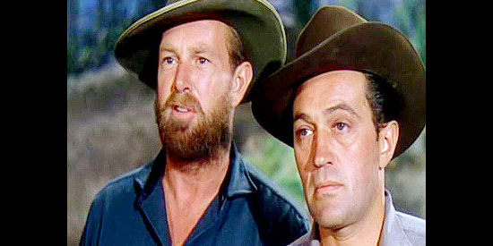 Sterling Hayden as McCabe and Don Haggerty as Bob Nelson, debating rights of way with Jim Vesser in The Denver and Rio Grande (1952)