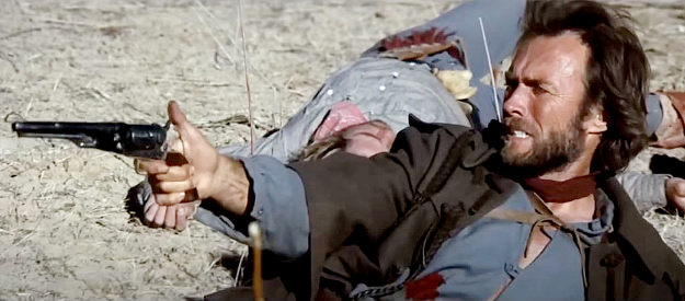 Clint Eastwood as Josey Wales, in a post-war showdown with Capt. Terrrell and his men in The Outlaw Josey Wales (1976)