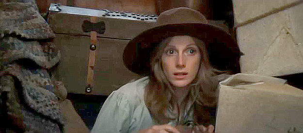 Sondra Locke as Laura Lee, coming face to face with a band of comancheros intent on raping her in The Outlaw Josey Wales (1976)