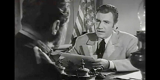Manuel Monroy as Edmund Greene, an opponent of Capt. Potts, informing him of his pending impeachment in The Coyote (1955)