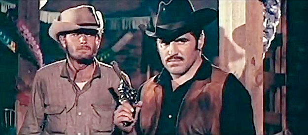 Oscar Pellicar as Twitch and Mario Adorf as Abel Dragna interrupting a town dance in Sunscorched (1965)