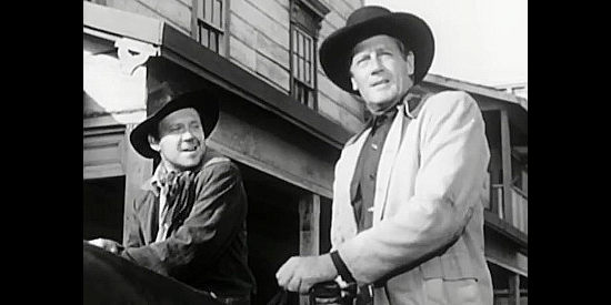 Richard Erdman as Shorty and Joel McCrea as Rick Nelson take note of the gallows as they arrive in The San Francisco Story (1952)