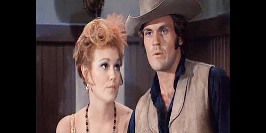 Barbara Rhodes as Dolores, the saloon girl Billy Reed (John Beck) takes a liking to in The Silent Gun (1969)
