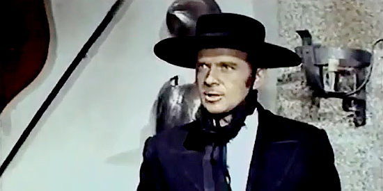 Frank Latimore as Zorro, revealing his true identity to Col. Clarence as they prepare for a duel in Zorro the Avenger (1962)