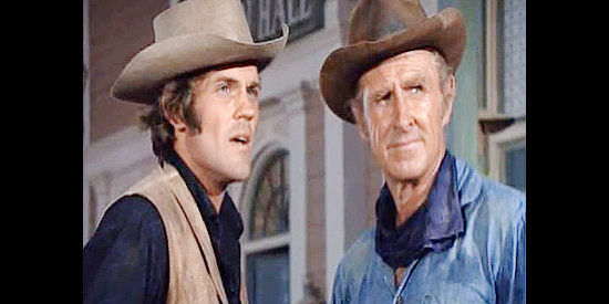 John Beck as Billy Reed and Lloyd Bridges as Brad Clinton, hoping to clean up Coleville in The Silent Gun (1969)