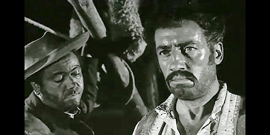 Manuel San Roman as Yanguas, one of the Californios, facing the wrath of Col. Clark's henchmen in Judgment for The Coyote (1956)