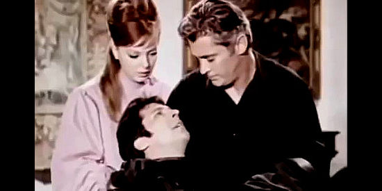 Maria Jose Alfonso as Manuela and Tony Russel as Zorro with a wounded patriot named Juan (Sancho Gracia) in Behind the Mask of Zorro (1965)