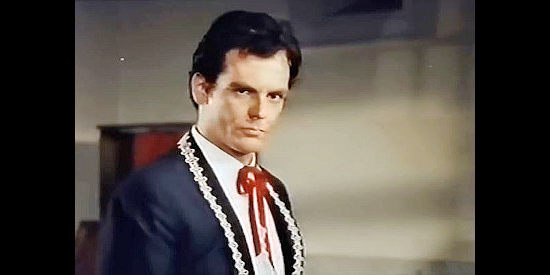 Guy Stockwell as Don Diego Guadaloupe, realizing the governor's men might be close to figuring out his secret in Sword of Zorro (1963)