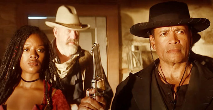 Amber Reign Smith as Queenie, John Carroll Lynch as Carson and Mario Van Peebles as Chief in Outlaw Posse (2024)