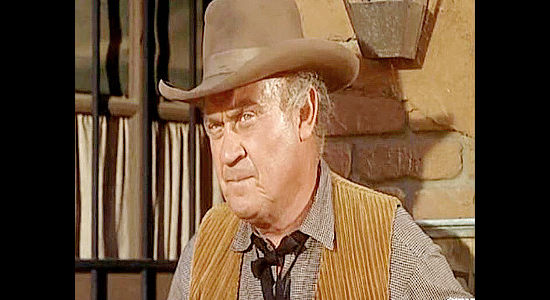 Dub Taylor as Marshal Denny Moran, looking for help after Linda Little Trees' gang hits his town in Three Guns for Texas (1968)