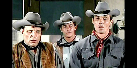 Neville Brand as Reese Bennett, Peter Brown as Joe Riley and WIlliam Smith as Chad Cooper, trying to explain their most recent adventure in Backtrack! (1969)