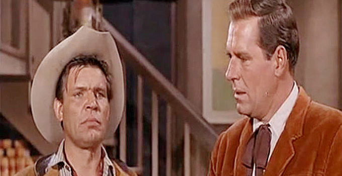 Neville Brand as Reese Bennett, volunteering for a special assignment with Capt. Parmalee (Philip Carey) in Three Guns for Texas (1968)