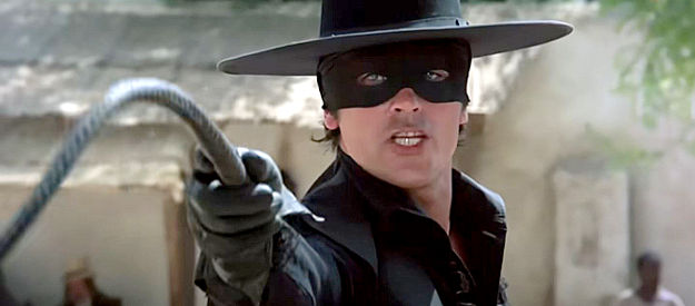 Alain Delon as Zorro, beginning his mission to end tyranny in Nuova Aragona in Zorro (1975)