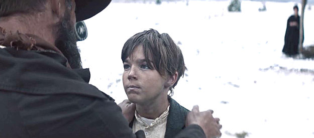 Jeb McAllister (Donald Cerrone) bidding farewell to son Will (Rhys Becker) as he heads off to town in Terror on the Prairie (2022)