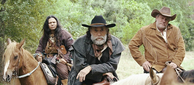 Keekee Suki as Fire Cloud, Sergio Cantu as the Marshal and Craig Rainey as Walker in The Oldest Posse (2023)