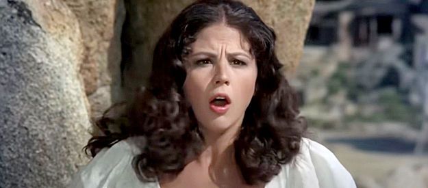 Ottavia Piccolo as Contessina Ortensia Pulido, reacting to watching the carriage Zorro is driving tumble off a cliff in Zorro (1975)